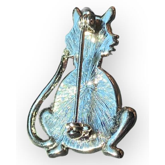 Vintage Silver Tone Cat Brooch Moonstone Cabochon Kitty Pin Crystal Collar 1.5” - Picture 5 of 6